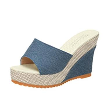 Imagem de Pantufas femininas jeans bico redondo bico aberto sola grossa impermeável para primavera verão casual, Azul royal, 34