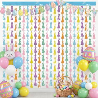Imagem de Batiyeer 2 peças de cortinas de franja em forma de coelho com franjas de Páscoa, 1 m x 2 m, cor macron, tinsel para cabine de fotos, adereços de cenário para festa de casamento de Páscoa