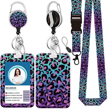 Imagem de Cordão de crachá, suporte retrátil para crachá com mosquetão e clipe de cinto, cordão com fecho de lagosta para porta-crachás, presente de escritório de enfermeira e professora (BLC-estampa leopardo
