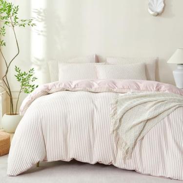 Imagem de Conjunto de edredom queen rosa acinzentado, listrado, macio, de microfibra lavada, 3 peças, listrado, rosa, branco, para todas as estações e 2 fronhas, confortável, respirável