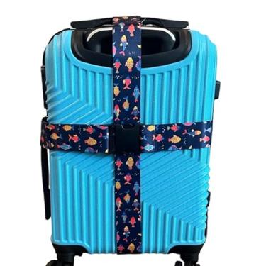 Imagem de Alça de bagagem ajustável com estampa de peixe fofo, cinto de mala de viagem, conector de segurança de poliéster, azul com padrão de nuvem, 5 x 180 cm