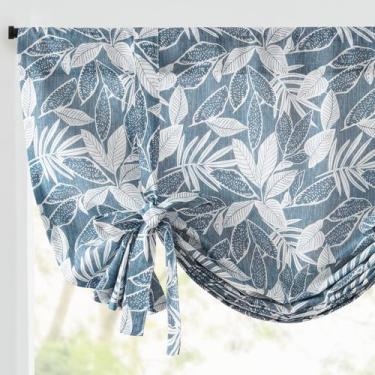 Imagem de Cortina Jinchan Tie Up Valance Leaf Print Linen 54" azul branca