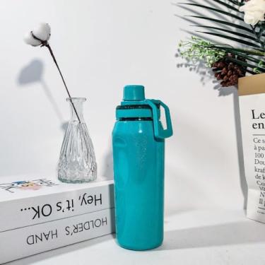Imagem de Garrafa Térmica 500ml em Aço Inoxidável com Glitter Mantém Quente e Frio, Tampa Rosqueável com Alça, Garrafa Térmica Portátil para Água, Café e Bebidas (VERDE AGUA)