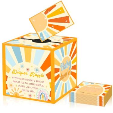 Imagem de QZCYU Here Comes The Son Decoração de chá de bebê, artigos para festa de chá de bebê Boho Sun, 51 peças boho, sorteio de fraldas com caixa para kit de jogo de chá de bebê