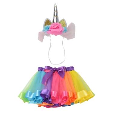 Imagem de Kit Fantasia Unicórnio Infantil, com Saia de Tule Tutu Colorida Arco-Íris e Tiara de Unicórnio com Elástico, Cintura Ajustável até 40cm
