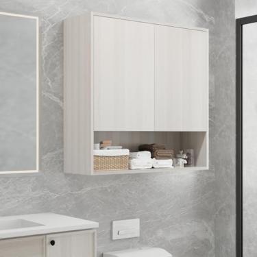 Imagem de Elehome Armário lateral de banheiro de 91 cm, estrutura de núcleo de madeira maciça com acabamento em carvalho branco, portas de fechamento suave, armazenamento de prateleira aberta, armário de parede