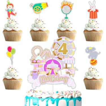 Imagem de 7 peças de topos de bolo de parque de diversões infantil 4º aniversário, conjunto de decoração de palhaço, carrossel, festa de aniversário para meninos e meninas, montanha-russa de festa temática de