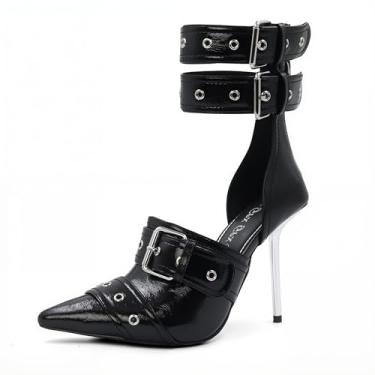 Imagem de GPXGPX Sandália feminina com bico fino e tira no tornozelo, salto alto, fivela de metal, sapatos modernos, elegantes, Preto, 38
