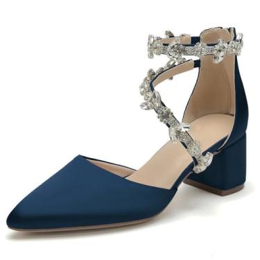 Imagem de Hyinlays Sandálias femininas fechadas de salto fino salto bloco cetim cristal casamento salto baixo grosso noiva formatura salto alto sandálias, Azul marino, 40
