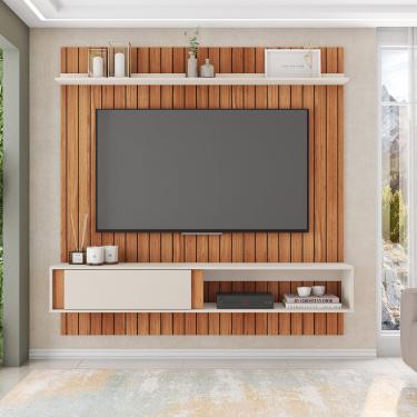 Imagem de Painel TV 75 Pol 180cm Bancada Suspensa Ripado Eluni Freijó/Off White C01 - D'Rossi