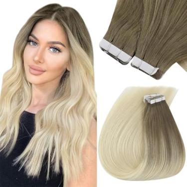 Imagem de Sunny Hair Extensões de cabelo humano real com fita adesiva invisível Remy extensões de cabelo fitas para mulheres castanho claro raiz para platina loiro balayage 40.6 cm 20 peças 50G