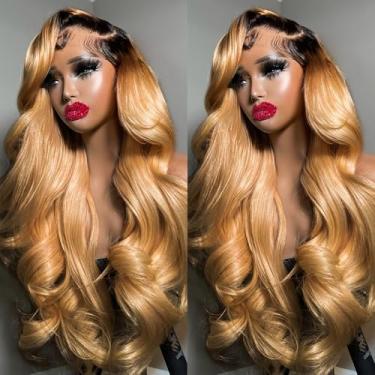 Imagem de Peruca frontal de renda loira mel cabelo humano 33 x 15 ombré hd peruca frontal de renda transparente 12A onda do corpo loiro ombré 1B/27 perucas de cabelo humano sem cola destacam perucas de cabelo