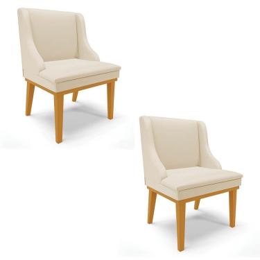 Imagem de Kit 2 Cadeiras Estofadas Sala De Jantar Base Fixa De Madeira Castanho Lia Sintético Bege - Ibiza