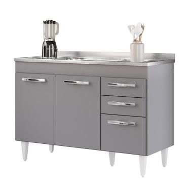 Imagem de Balcão Gabinete Com Pia Inox 120cm 3 Portas 2 Gavetas Suécia Cinza - Lumil