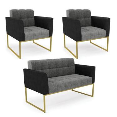 Imagem de Sofá Namoradeira e 2 Poltronas Base Industrial Dourado Elisa Preto/Lin