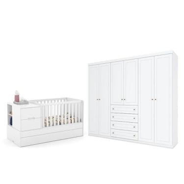Imagem de Berço Americano Multifuncional Formare Branco Acetinado - Matic e Guarda Roupa Casal Americano 6 Portas Branco HP - Henn