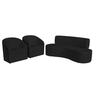 Imagem de Kit Sofá Curvo Amsterdã 180cm E 2 Poltronas Luiza Max Bouclé Preto