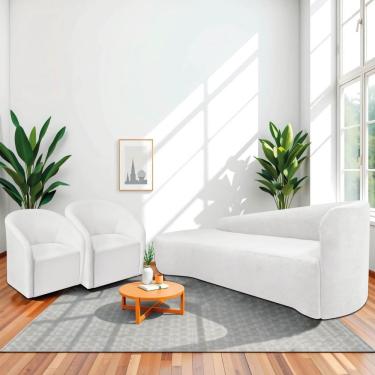 Imagem de Kit Sofá Curvo França 250cm L.e E 2 Poltronas Luiza Max Conforto, Elegância E Design Moderno Bouclé Branco