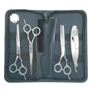 Imagem de Kit 3 Tesouras Profissionais 1 Navalha 2 Pente Estojo Obopekal, Prata,