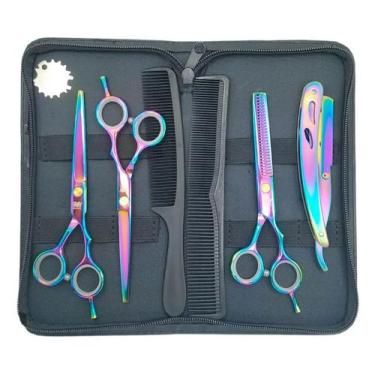 Imagem de Kit 3 Tesouras Profissionais 1 Navalha 2 Pente Estojo Obopekal, Fruta 