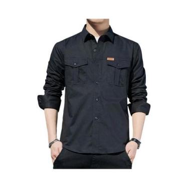 Imagem de Camisa Cargo Masculina 100% Algodão De Manga Longa Com 2 Bolsos, Casua