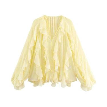 Imagem de Blusa Feminina Casual De Primavera Com Babados, Decote Em V, Renda E V