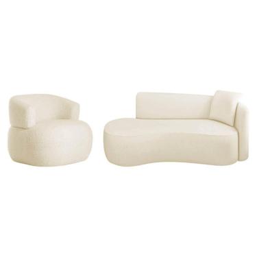 Imagem de Kit Divã Recamier 180cm E Poltrona Luxo Suíça Lado Esquerdo Bouclé Bege