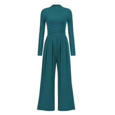 Imagem de Macacão PRETTYGARDEN Gola Alta Manga Longa Pantalona Azul Verde P