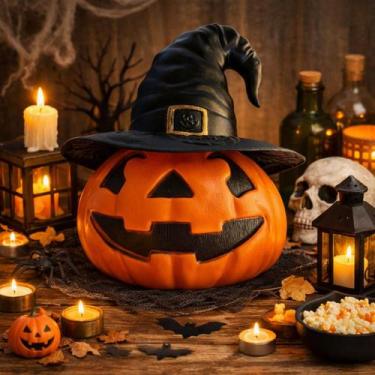 Imagem de Abóbora Chapéu Laranja 33cm Decoração de Halloween Plástico - Genérico