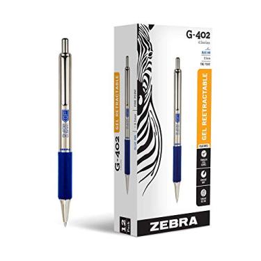 Imagem de Zebra Pen Caneta de gel retrátil G-402, barril de aço inoxidável, ponta fina, 0,5 mm, tinta azul, pacote com 12 (49920)