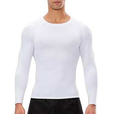 Imagem de Camisa esportiva masculina manga longa O pescoço elástico slim fitness camisetas(XX-Large)(Branco)