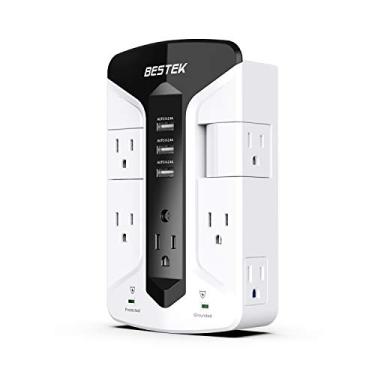 Imagem de BESTEK Tira de energia protetora contra surtos de parede de 7 saídas com saídas giratórias, 3 portas de carregamento USB, supressão de surto de 900 Joule, suporte superior para telefone
