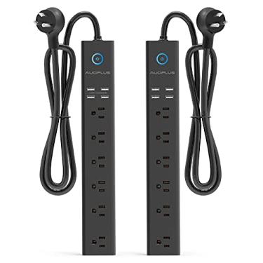 Imagem de 2 pacotes de proteção contra surtos de tira de energia - AUOPLUS 6 saídas 4 portas USB cabos de extensão de 6 pés de comprimento, proteção de sobrecarga de plugue plano, 2100 joules, montagem de parede para casa, escritório e dormitório essencial, listado por ETL