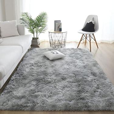Imagem de Tapetes de área felpudos macios modernos para ambientes internos, tapete de área de acento de berçário de pelúcia antiderrapante, tapete peludo de pele sintética peludo para decoração de casa tingido cinza aqua 63 x 91 polegadas