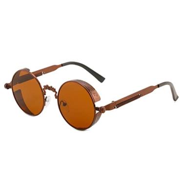 Imagem de Óculos de sol redondos retrô homens mulheres designer estilo punk à prova de vento armação de metal vintage óculos de sol óculos de sol uv400, C3 marrom, tamanho único