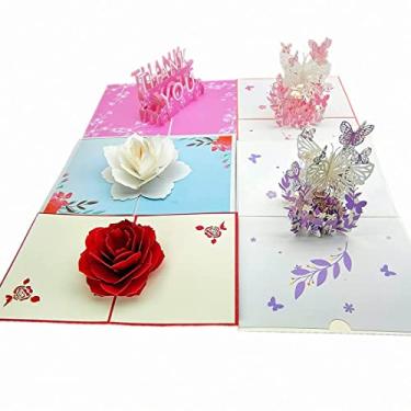 Imagem de Pacote com 5 cartões pop-up borboletas e flores cartões de agradecimento sortidos para todas as ocasiões Dia dos Namorados aniversário ou casamento (vermelho + branco + rosa + roxo)