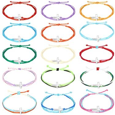 Imagem de 30 peças de pulseira de cruz para mulheres com cruz ajustável de corda de nylon trançado pulseira cristã pulseira de pulso cruzada para mulheres e homens, 15 cores, Liga metálica.