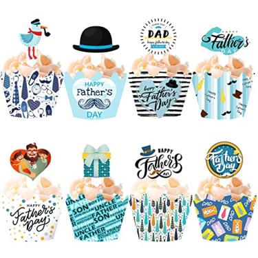 Imagem de 48 pcs Happy Fathers Day Cupcake Toppers and Wrappers, Happy Father's Day Party Decorations, Cake Cupcake Decorations for Dad Daddy Father's Day Father Birthday Party Table Decorations Supplies