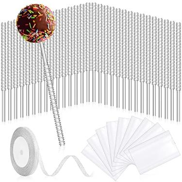 Imagem de Pacote com 32 bastões de doces Bling Pop de 15 cm Conjunto de palitos de pirulito de strass de acrílico palitos de sucção para bolo com 100 peças de sacos de vidro e fitas prateadas de glitter gravata para lembrancinhas de festa de Natal