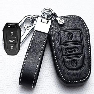 Imagem de YJADHU Capa de chave de carro de couro, apto para Peugeot 107 206 207 208 306 307 301 308S 407 2008 3008 4008 5008 RCZ Citroen C1 C2 C3 C4 C5 DS3/4,E, preto