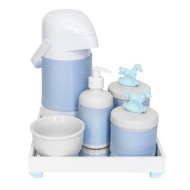 Imagem de Kit Higiene Espelho Completo Porcelanas, Garrafa e Capa Cavalinho Azul Quarto Bebê Menino