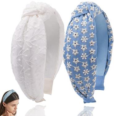 Imagem de BEGOOD Bandanas femininas bordadas com nó, faixa de cabelo branca, fashion com nó superior, faixa de cabeça larga para meninas, acessórios de cabelo, 2 peças, floral vintage