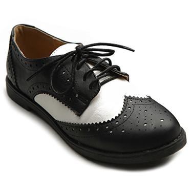 Imagem de Sapato feminino Ollio sem salto com cadarço Oxford em dois tons, Preto, 7