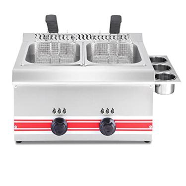 Imagem de Fritadeira comercial de bancada a gás de aço inoxidável 12L, profissional, dois tanques, para uso externo, ajustável, para restaurante e uso doméstico