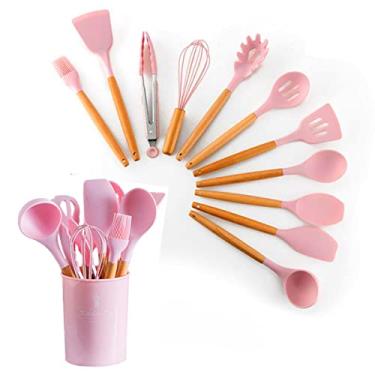 Imagem de Conjunto 12 Peça de Silicone e Madeira para Cozinha - Com Balde de Armazenamento PREMIUM DUPIN (Rosa)