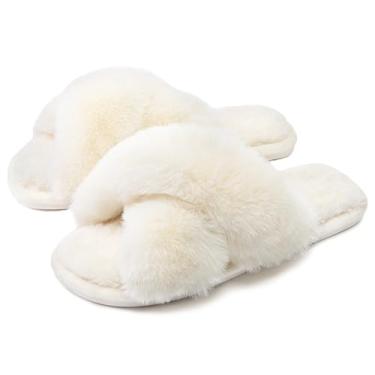 Imagem de Cozyfurry Pantufas femininas com faixa cruzada aconchegante, felpuda, bico aberto, fofo, para uso externo, quente, respirável, sola antiderrapante, Bege, 7-8