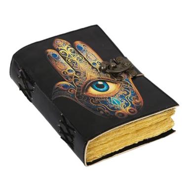 Imagem de TUZECH Livro de feitiços de couro encadernado diário com borda de baralho Grimório impresso diário de bruxaria de terceiro olho e caderno de feitiços de bruxa antigo livro vintage para homens e