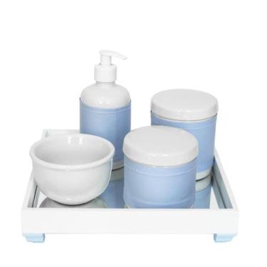 Imagem de Kit Higiene Espelho Potes, Molhadeira, Porta Álcool-Gel E Capa Azul Qu