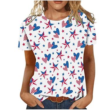 Imagem de Blusa feminina com estampa da bandeira dos EUA, caimento solto, manga 3/4, gola redonda, manga 3/4, blusas femininas 2024, W-890 multicolorido, XG
