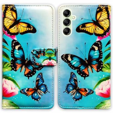 Imagem de Beaucov Capa com bloqueio de RFID para Samsung Galaxy A15 5G, capa carteira de couro azul/dourado borboletas com suporte para cartão e suporte para Samsung Galaxy A15 5G